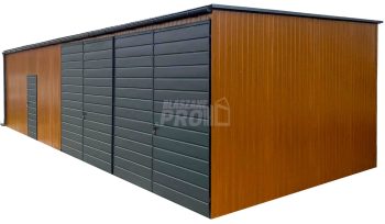 Garaż blaszany 12x6m- 2x Brama - drzwi Antracyt Dach spad w przód - rynna GP611