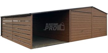Garaż blaszany 6x6m - wiata 3m - 2x Brama - ciemny orzech - drewnopodobny Dach dwuspadowy - rynny GP657