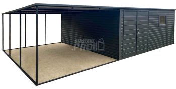 Garaż Blaszany 5x4m + Wiata 4m - Brama dwuskrzydłowa - Okno - Antracyt - dach spad w tył GP665