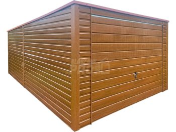 Garaż blaszany 3,5x6m - brama - jasny orzech - drewnopodobny - dach spad w tył GP672