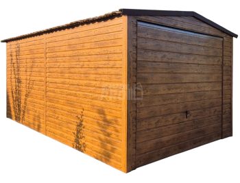 Garaż blaszany 3,5x6m - Brama uchylna - automat - jasny orzech - drewnopodobny - blachodachówka - Dach dwuspadowy GP673