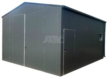 Hala Garaż blaszany 5x5m - brama dwuskrzydłowa - drzwi - okno - antracyt - rynny - dach dwuspadowy GP678