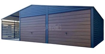 Garaż blaszany 6x6m - wiata 3m - 2x Brama - Antracyt - ciemny orzech - drewnopodobny Dach dwuspadowy GP681