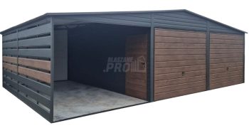 Garaż blaszany 6x6m - wiata 3m - 2x brama - drzwi - antracyt - ciemny orzech - drewnopodobny - dach dwuspadowy GP683