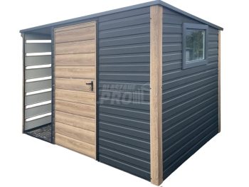 Schowek - domek ogrodowy 2x2m - wiata 1m - drzwi - okno - winchester - drewnopodobny - antracyt - dach spad w tył GP690
