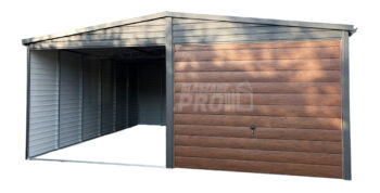 Garaż blaszany 6x6 m - 2x brama uchylna - ściana działowa - antracyt - ciemny orzech - drewnopodobny - dach dwuspadowy - rynny GP744