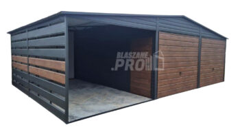 Garaż blaszany 6x6 m + wiata 3x6 m - 2x brama uchylna - drzwi - antracyt - ciemny orzech - drewnopodobny - dach dwuspadowy GP745