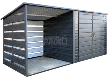 Schowek - domek ogrodowy 2,5x2 m + wiata 2x2m - brama dwuskrzydłowa - sosna norweska - drewnopodobny - antracyt - dach spad w tył GP728