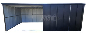 Schowek - domek ogrodowy 2,3x3 m + wiata 3x3 m - drzwi - antracyt - blacha na rąbek - dach spad w tył GP746