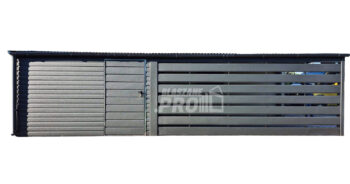Schowek - domek ogrodowy 3x4 m + wiata 3x6 m - drzwi - antracyt - dach spad w bok - rynny GP751