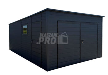 Garaż blaszany 4x5 m - brama dwuskrzydłowa - drzwi - okno - antracyt - dach spad w tył GP765