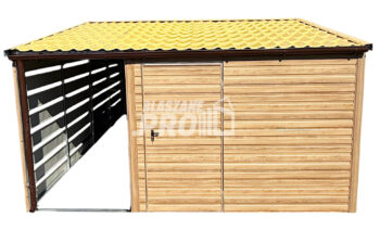 Domek ogrodowy 2,5x5 m + wiata 1,5x5 m - drzwi - 2x okno - winchester - drewnopdobny - dwuspad odwrócony - blachodachówka - rynny GP755