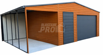 Garaż blaszany 5x6 m + wiata 2x6 m - brama segmentowa - drzwi - okno - złoty dąb - drewnopodobny - antracyt - rynny - dach dwuspadowy GP768